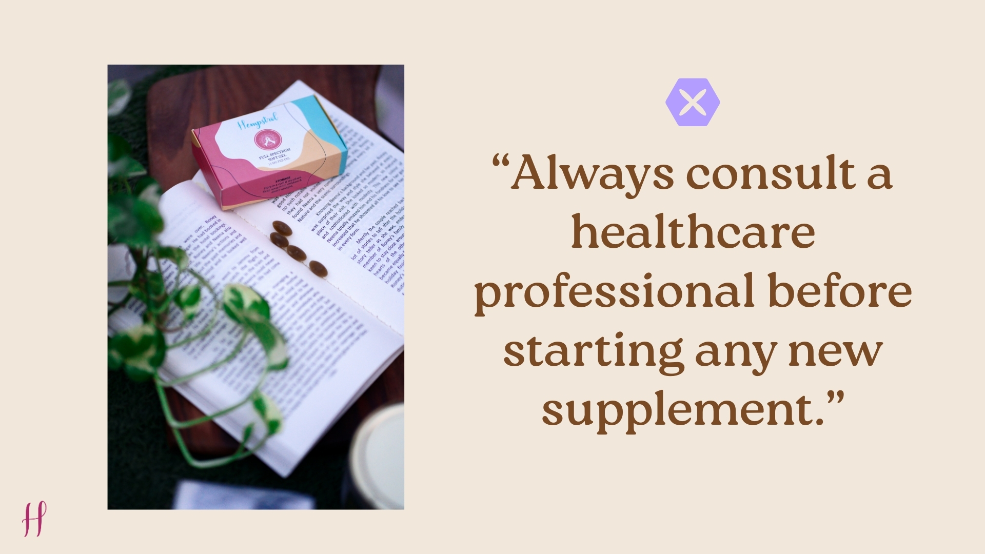 CBD capsules on an open book with quote advising to consult a healthcare professional.